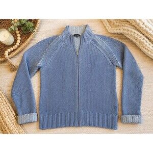 Lambswool Full Zip Sweater Cardigan Womens Medium Blue Cozy Warm Soft Comfy